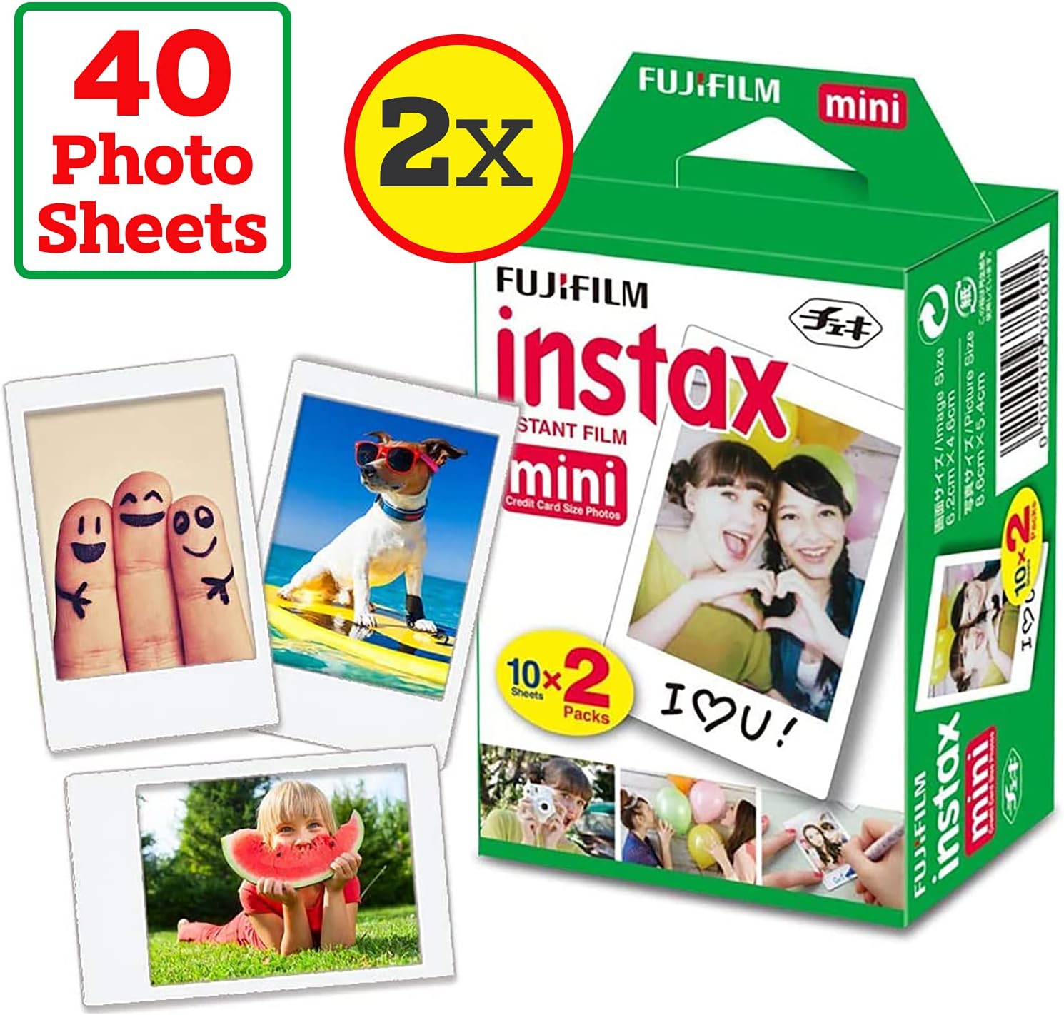 FUJIFILM Polaroid Film Instax mini Instant Film-2 pk (2 x 20)|Includes 40 Photo Sheets, 60 Colorful Mini Photo Stickers-Fits Fuji Instax Mini Film 11, 9&8 Camera, Fuji SP-1, SP-2, Mini Polaroid Film Pack of 2