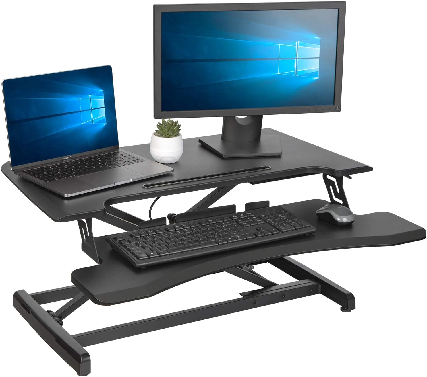 OUTFINE Standing Up Desk Converter Height Adjustable Home Office Desk Sit Stand Riser Workstation with Keyboard Tray (Black, 32'')