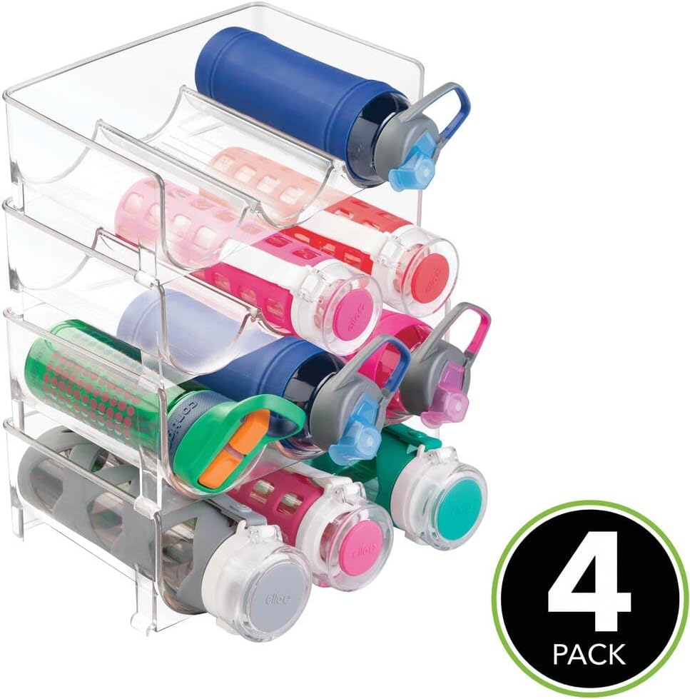 mDesign Plastic Stackable Water Bottle Holder Bin, Storage Organizer for Kitchen Countertops, Cabinets, Pantry, Fridge, Refrigerator, Freezer Organization, Each Rack Holds 3 Containers, 4 Pack - Clear