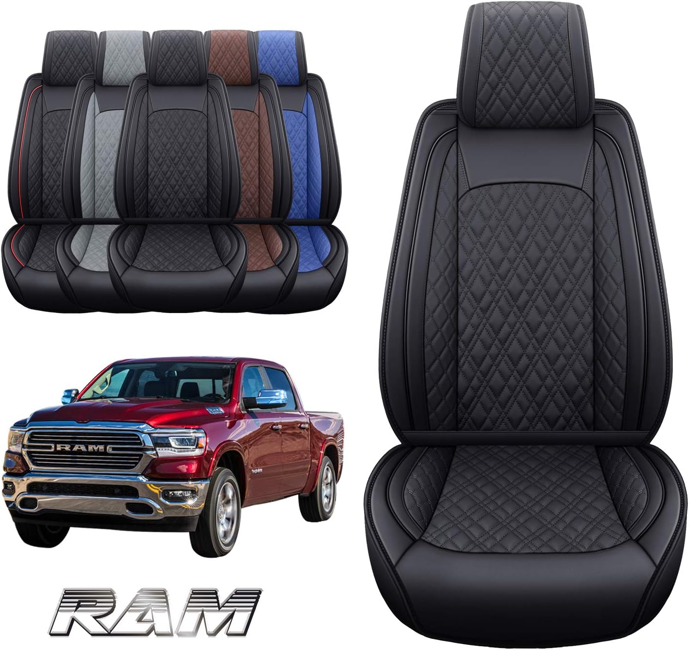 Yiertai Dodge Ram 2 Front Car Seat Covers Custom Fit 2009-2022 1500 2500 3500 Pickup Crew Double Quad Cab Laramie Big Horn Waterproof Leather Truck Seat Protectors(2 PCS Front, Black)