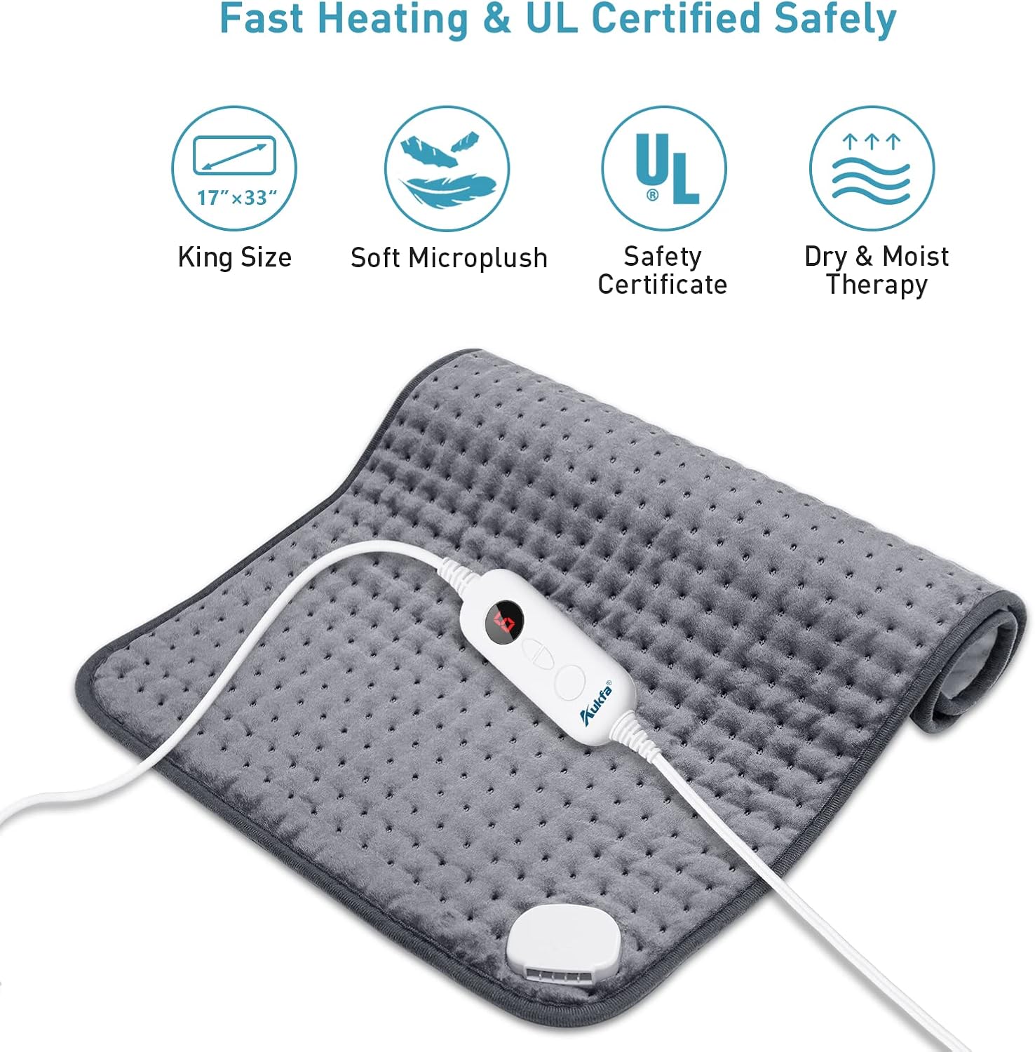 Aukfa Electric Heating Pad for Back Pain Relief, XXX-Large Heating Pads for Cramps, 6 Heat Settings, Auto Shut Off, Ultra Soft Heat Pad with Moist & Dry Heat Therapy Options, 17 x 33 Inch, Gray