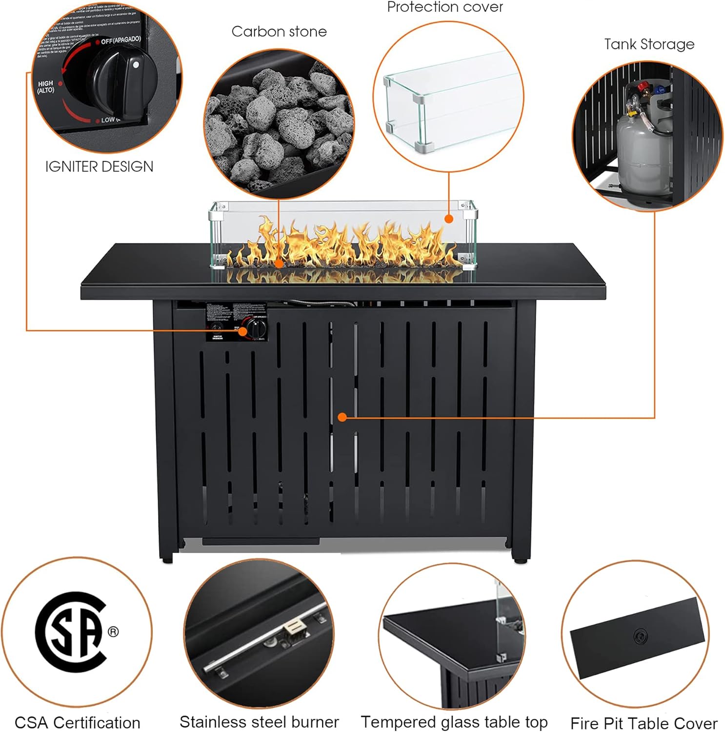 Propane Fire Pit Table, 43 Inch 50,000 BTU Auto-Ignition Gas Fire Pit Table with Glass Wind Guard, Lava Stone, ETL Certification for Garden/Patio/Backyard/ Deck Poolside.