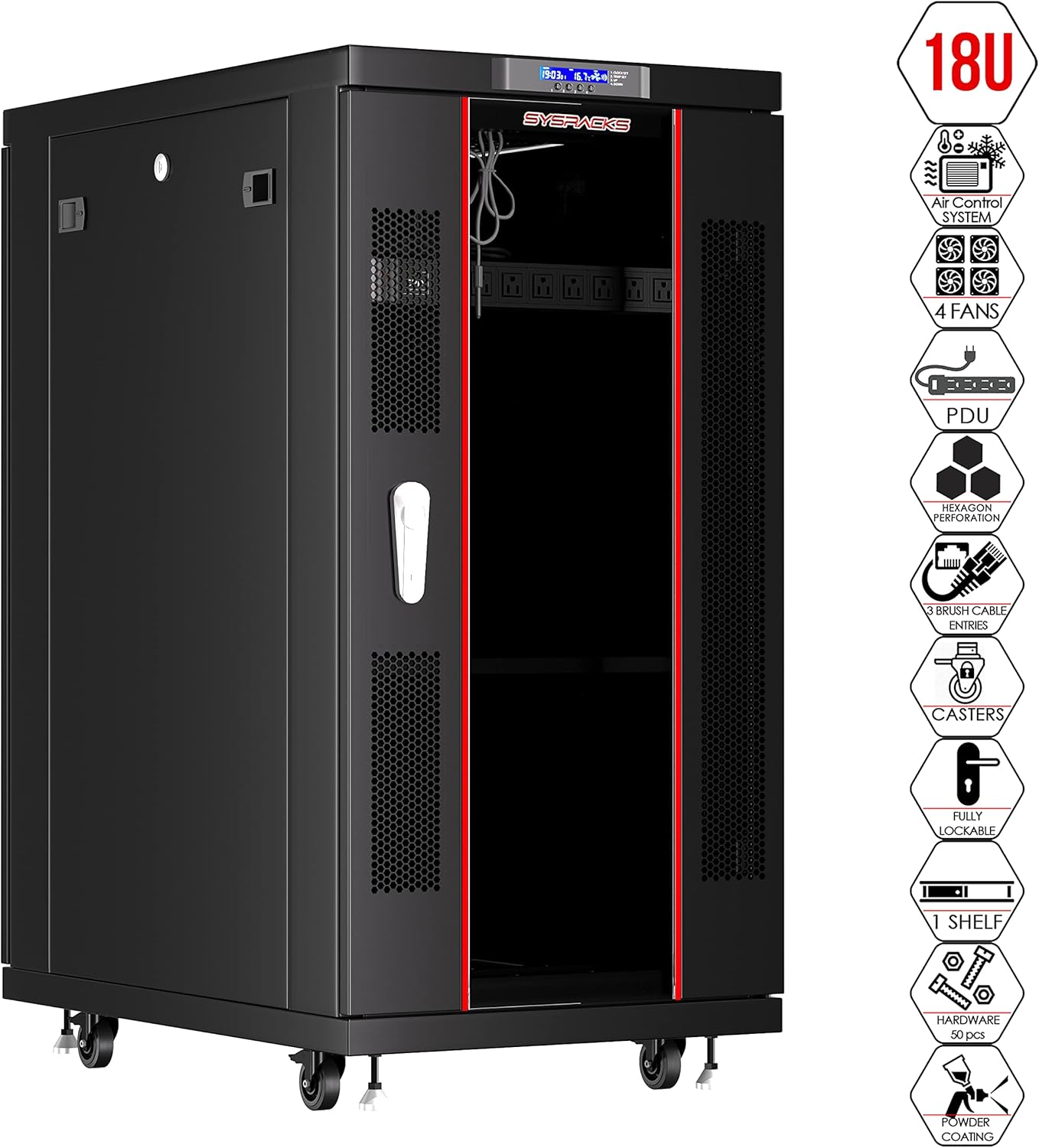 Server Rack - Locking Cabinet - Network Rack - Av Cabinet - 18 U - Rack Mount - Free Standing Network Rack- Server Cabinet - Caster Leveler - Rack Shelf - Cooling Fan - Thermostat - PDU Sysracks