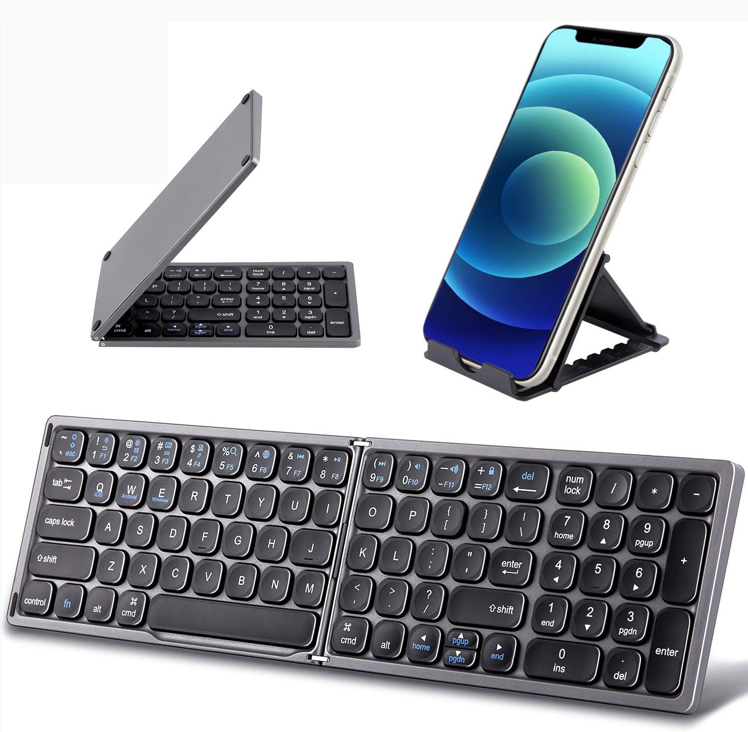 Foldable Bluetooth Keyboard with Numeric Keypad - Samsers Full Size Portable Wireless Keyboard with Holder, Rechargeable Pocket Folding Keyboard for IOS Windows Android Phone Tablet Laptop - Dark Grey Pack of 2
