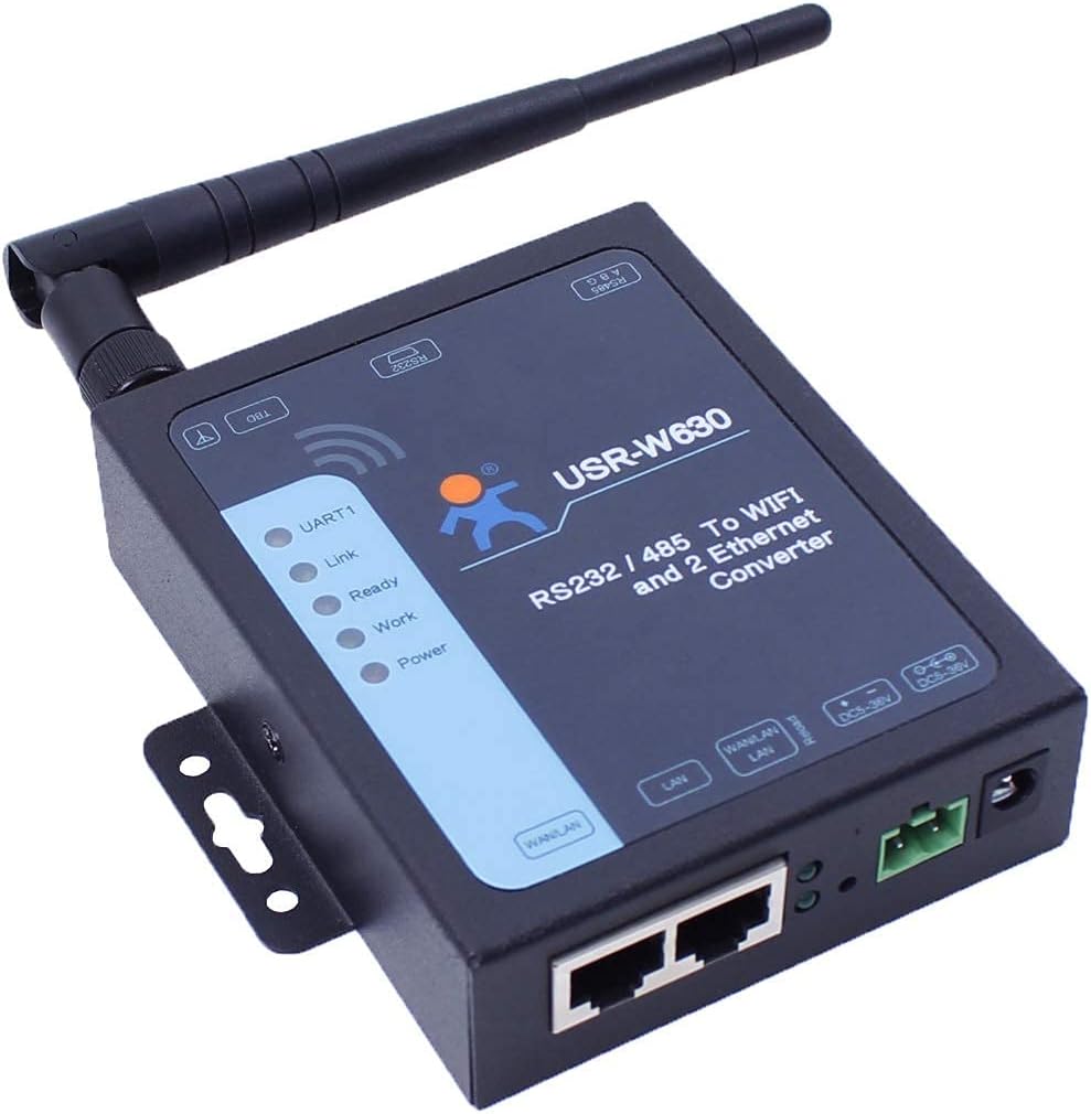 USR-W630 Industrial Serial RS232/RS485 to WiFi and Ethernet Converter Supports Dual RJ45 Ethernet Ports Modbus RTU to Modbus TCP with DC Adapter Terminal Power Supply 5-36 V Pack of 2