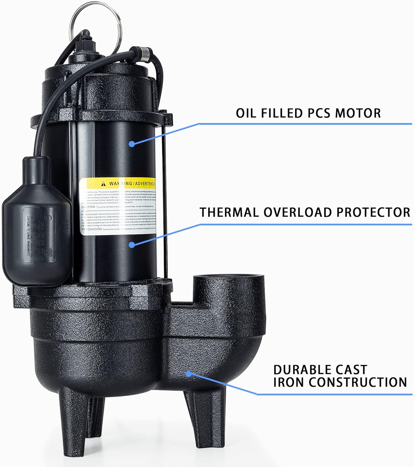 RainBro 3/4 HP Cast iron submersible sewage pump with 10 ft. piggy back tether float switch, Model# CSE075