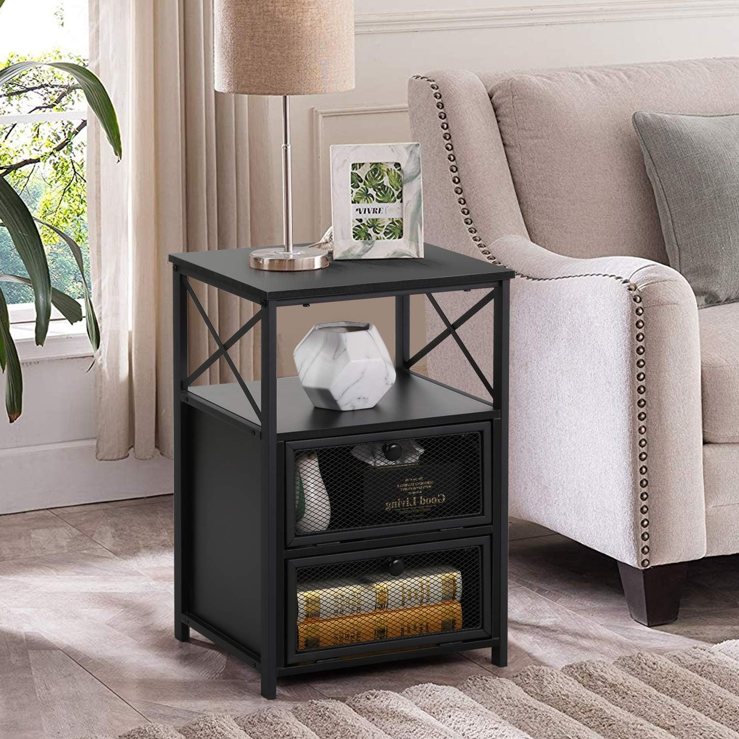 VECELO Modern Night Stand, End Side Table with Storage Space and Door, Nightstands with Flip Drawers for Living Room,Bedroom,Lounge,Set of 2, Black