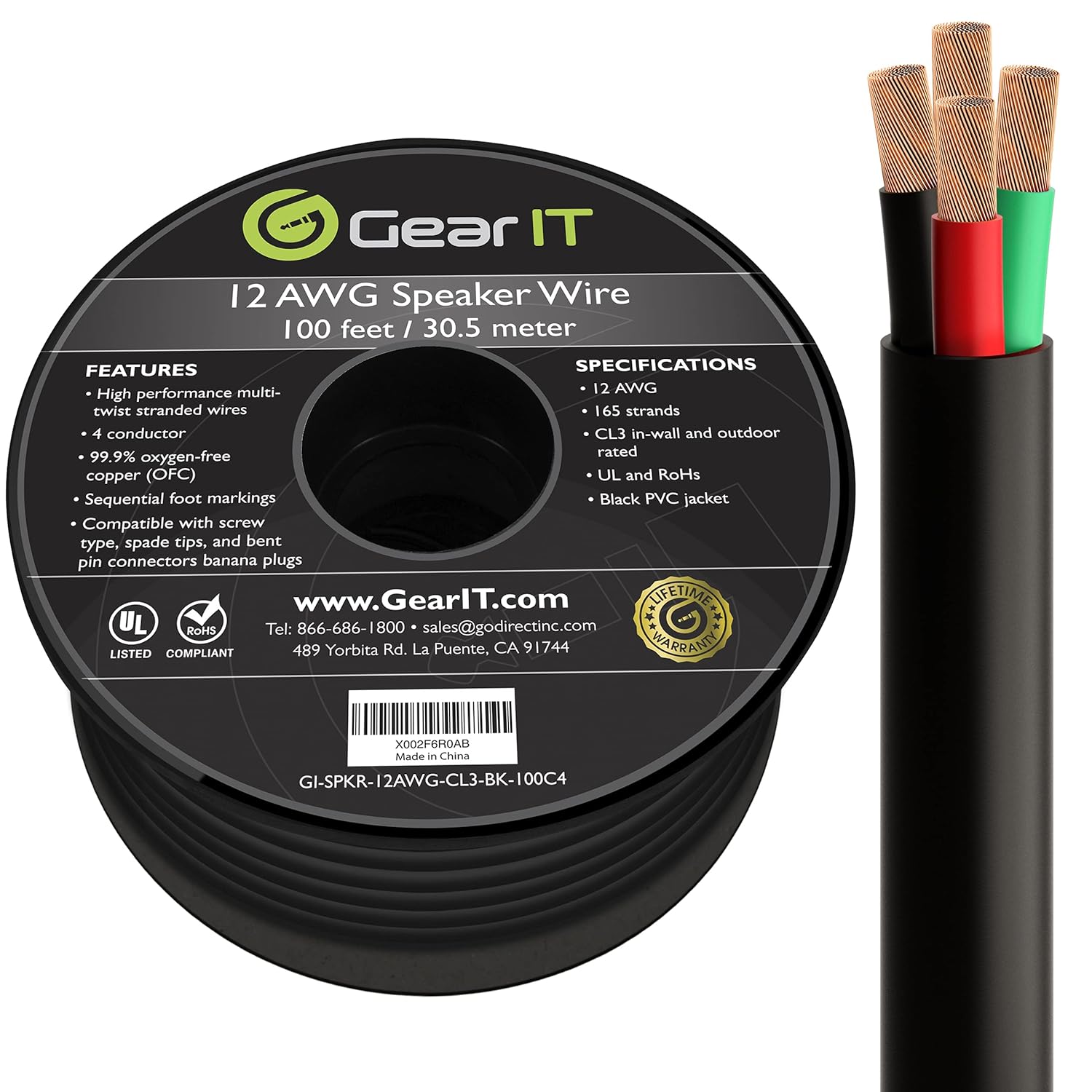 GearIT 12/4 Speaker Wire (250 Feet) 12AWG Gauge, Black 4-Conductors/Outdoor Direct Burial in Ground/in Wall / CL3 CL2 Rated - OFC Oxygen-Free Copper, Black 250ft