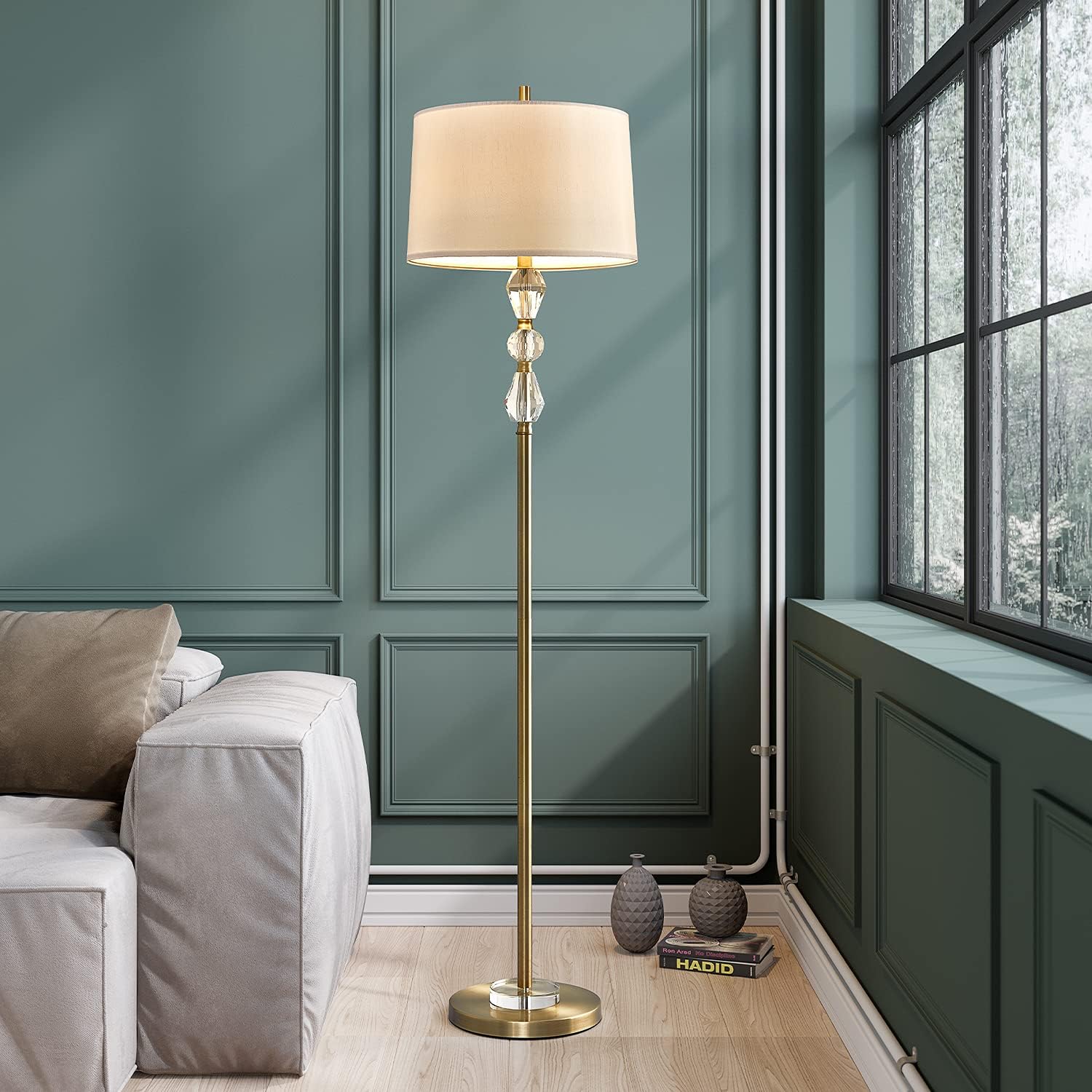 OYEARS Floor Lamp for Living Room Modern 62&rdquo; Crystal Stacked Ball Floor Lamp Bedroom Reading Polished Steel Chrome White Fabric Shade Silver