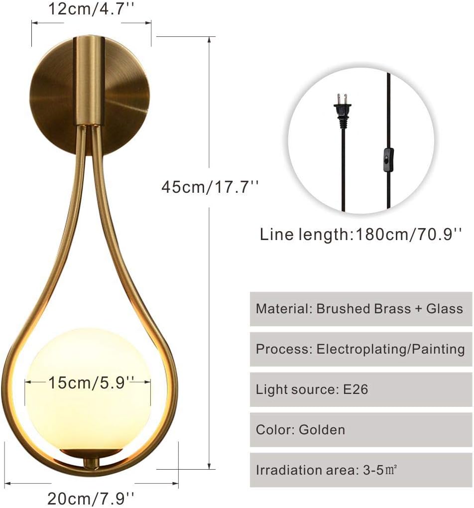 KCO Lighting Wall Sconce Mid-Century Drop Design Wall Mounted Light Brushed Brass Wall Lamps, Wall Mount Light Fixture for Bedside Living Room (Gold Plug 2 Pack)