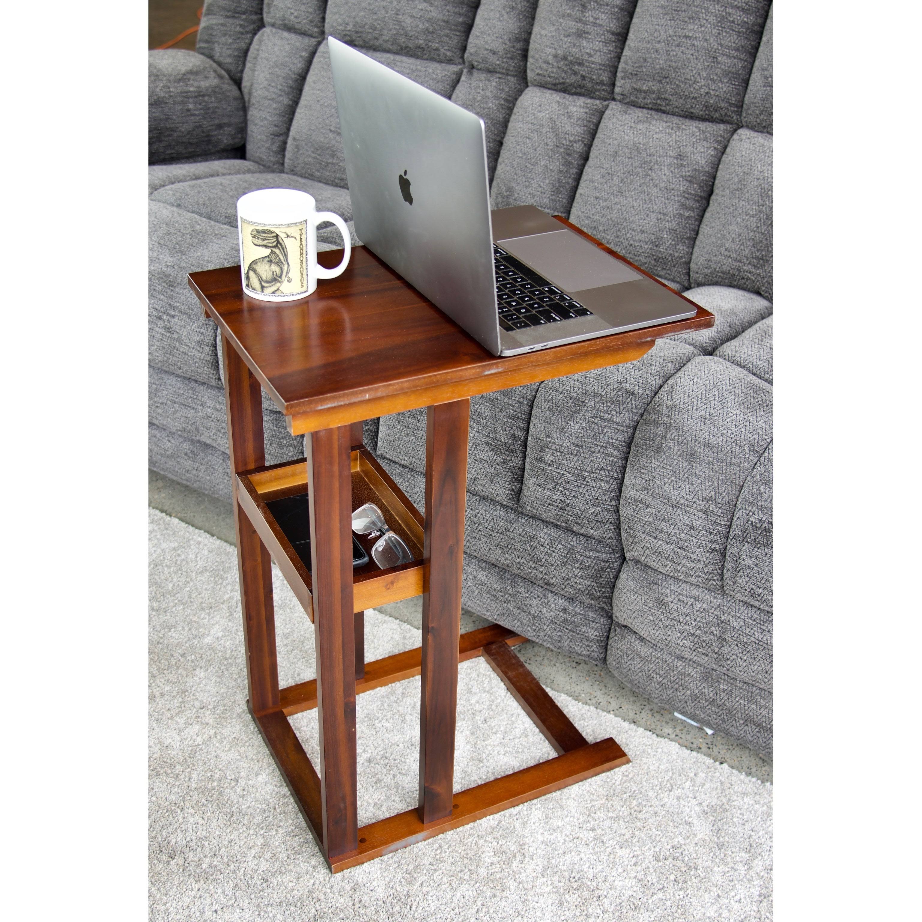 Solid Acacia Wood C Table with Storage Tray - Mahogany