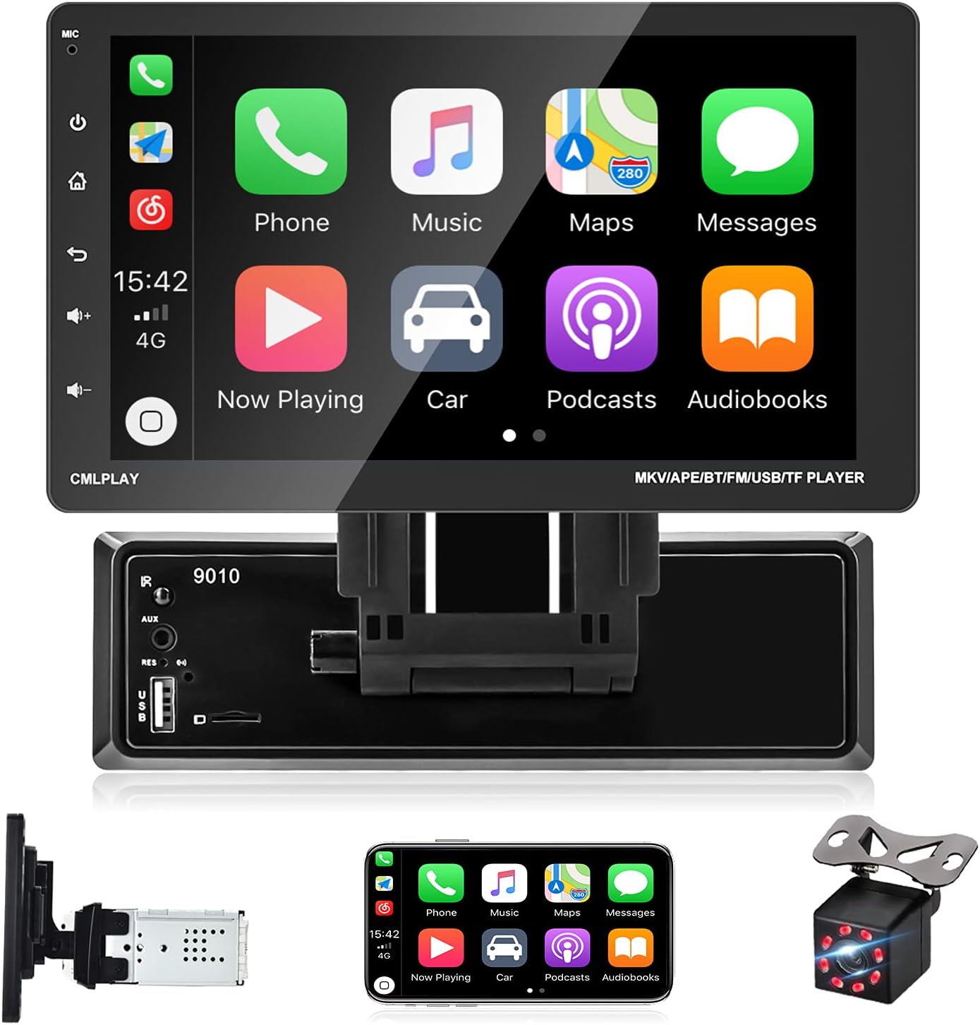 EKAT Single Din Car Stereo with Carplay 9 Inch Touch Screen Car Radios MP5 Player with Bluetooth/FM /USB/AUX,Phone Mirror Link + Backup Camera