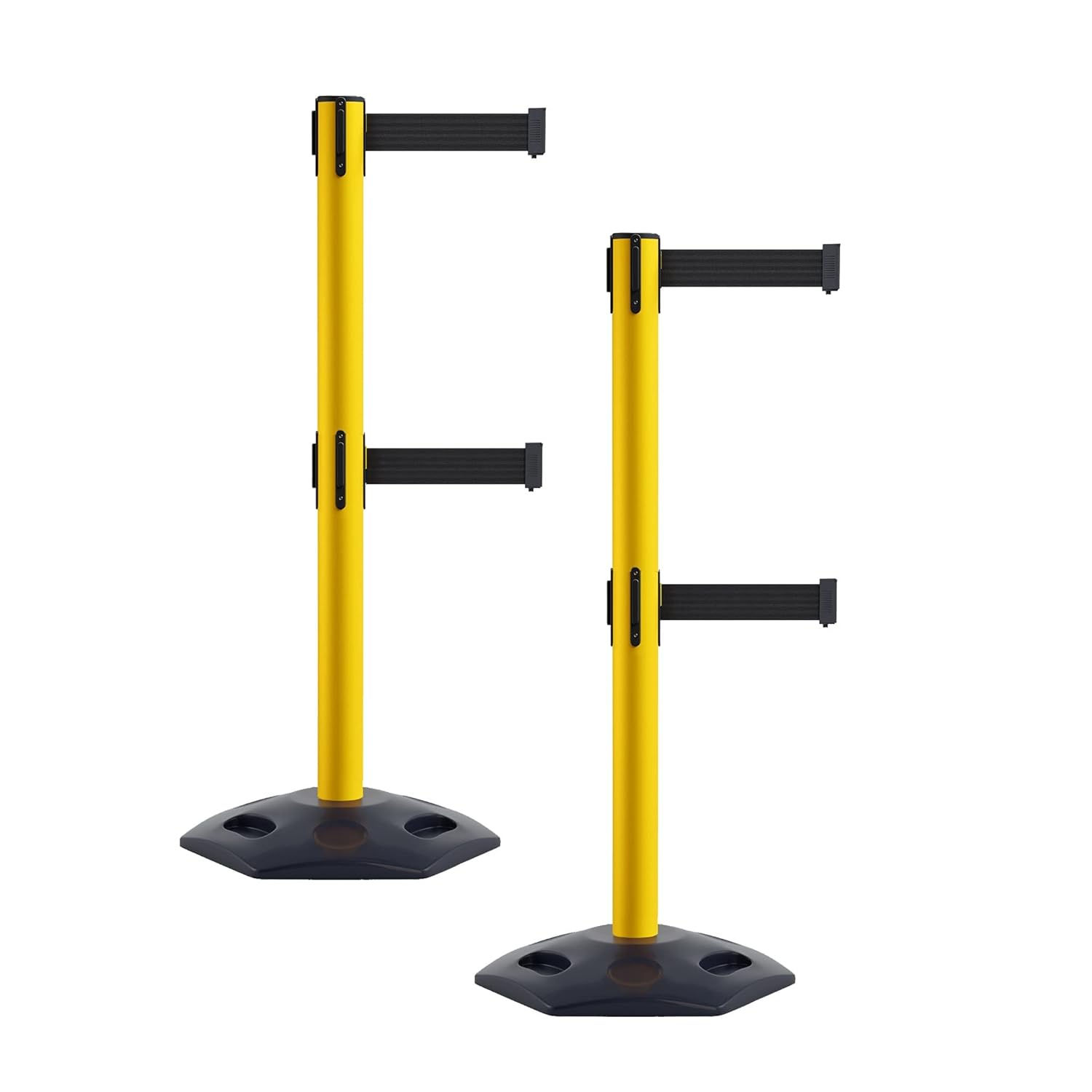 CCW Series WBB-200D - Set of 2 Retractable Dual Belt Stanchion Safety Barrier, Heavy-Duty Rubber Base Yellow Post (11 Foot Belt, Black and Yellow Diagonal Belt)