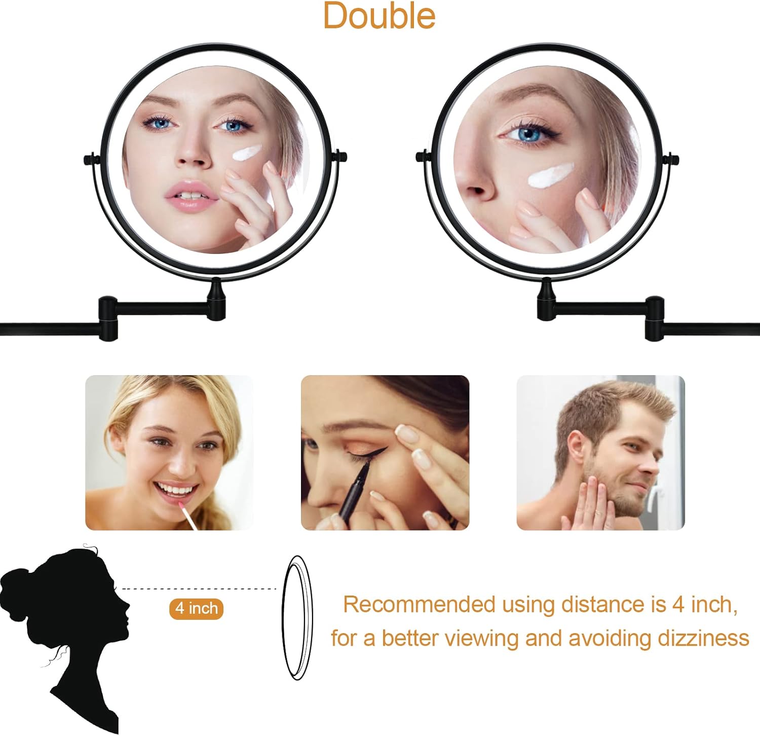 Wall Mounted Magnifying Mirror，8 inches Double Sided 10x Magnification Bathroom Mirror，with 3 Color Modes，Extended arm 360 Rotation Shaving Light up Mirror,Black USB Rechargeable Model