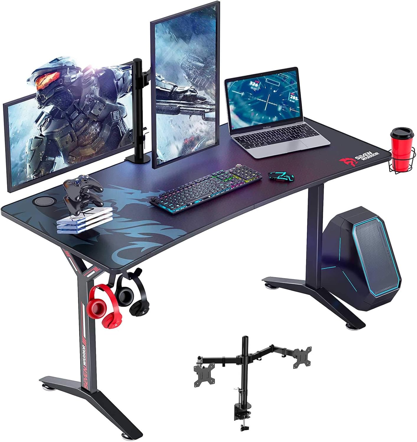 Seven Warrior Gaming Desk 60INCH with Dual Monitor Mount, Carbon Fiber Surface Computer Gamer Desk with Full Desk Mouse Pad, Ergonomic Y Shaped Gamer Table with Outlet Organizer, Gaming Rack