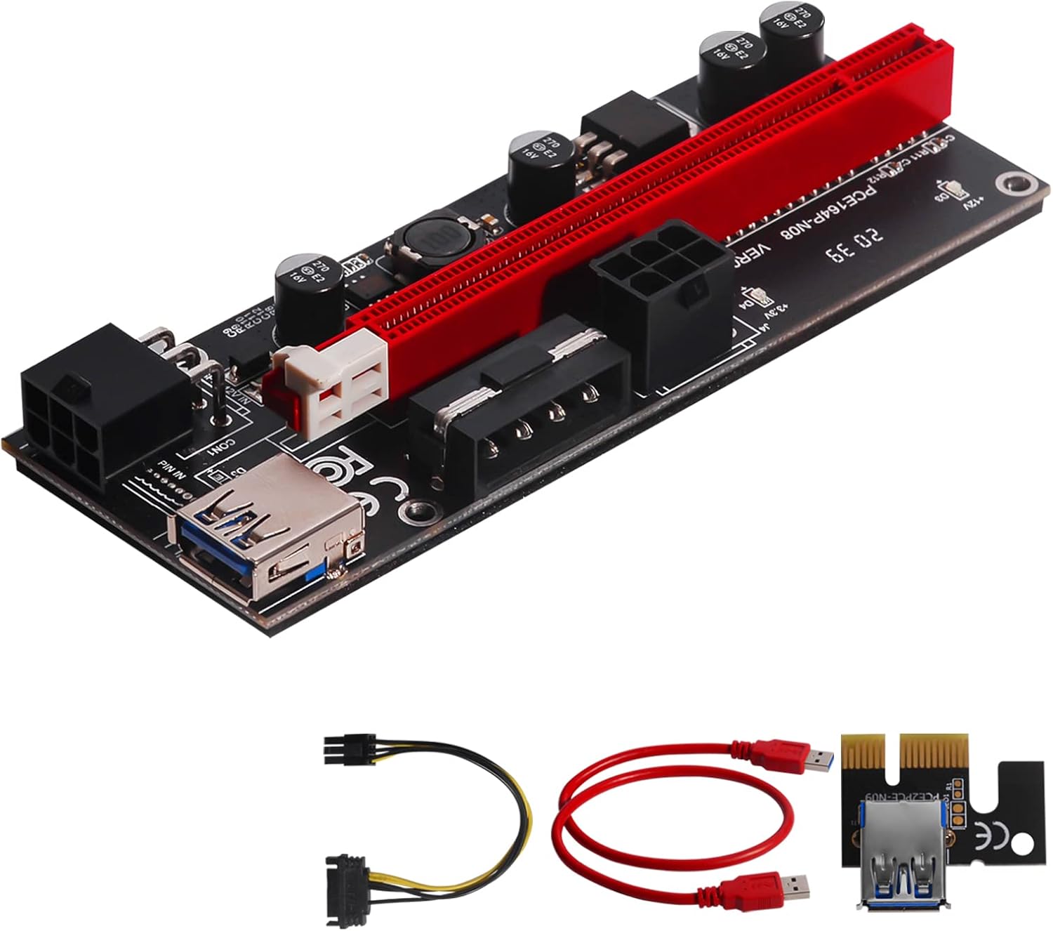 PCI-E Riser for BTC,LTC,ETH,Mining Dedicated Graphics Card Extension,1X to 16X,4pcs FP Solid capacitors,Maximum 16A Power Supply Capacity,3 LED,Gold-Plated USB 3.0 Cable(VER009S-2 PCS) Pack of 2