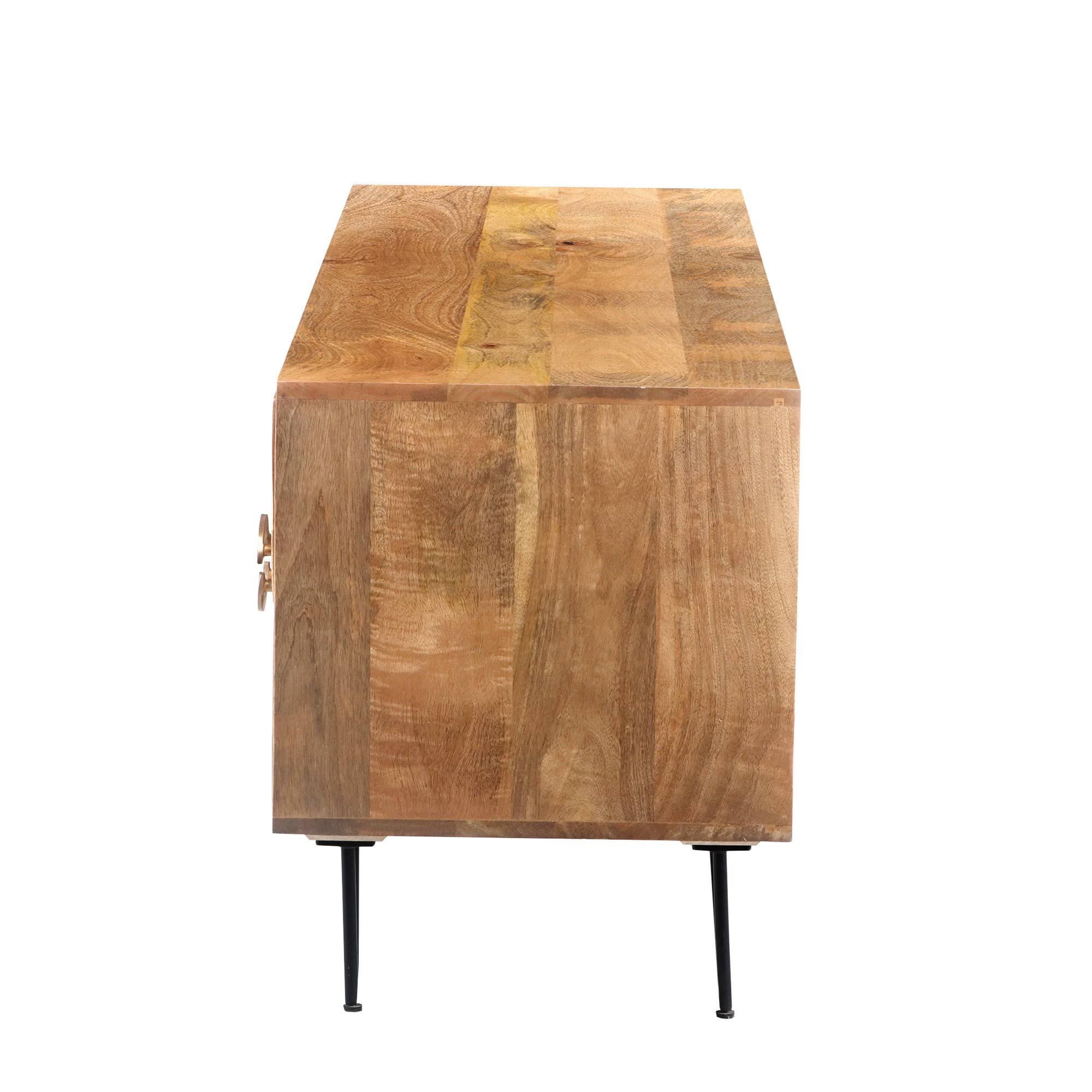 The Urban Port 63 inch Mango Wood TV Cabinet with Spacious Storage, Natural Brown and Black