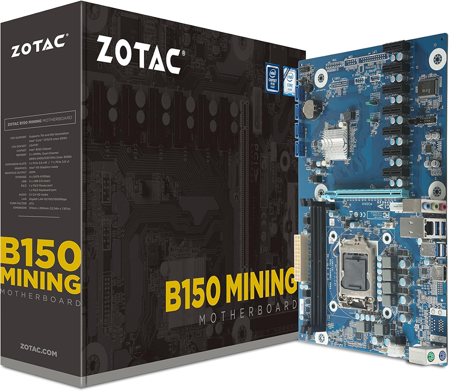 ZOTAC B150 Mining ATX Motherboard for Cryptocurrency Mining with 7 PCIe x1 Slots (B150ATX-A-E)