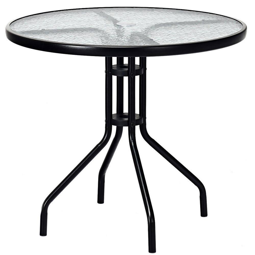 WELLFOR 28 in. H Black Round Metal Outdoor Bistro Table with Tempered Glass Top and Umbrella Hole