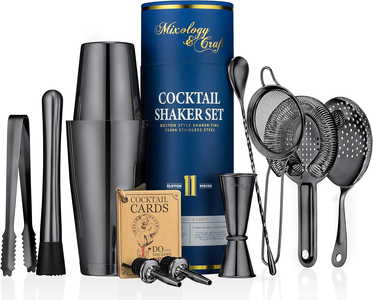 Mixology & Craft Cocktail Shaker Set - 11-Piece Bar Accessories Kit w/ Weighted Boston Shaker, Strainer, Jigger, Muddler and More - Home Bartending Tools, Accessories for Bartender, Black