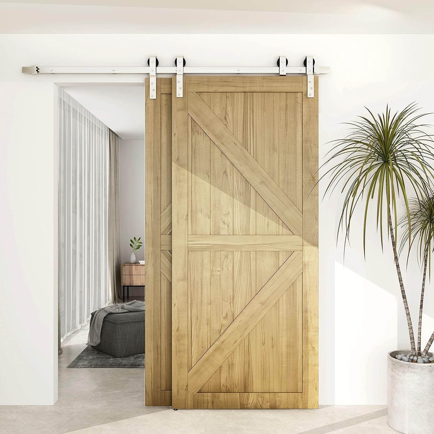 BARNSMITH 6.6FTDouble Bypass Sliding Barn Door Hardware Kit Heavy Duty Brushed Nickel Single Track for Double Doors