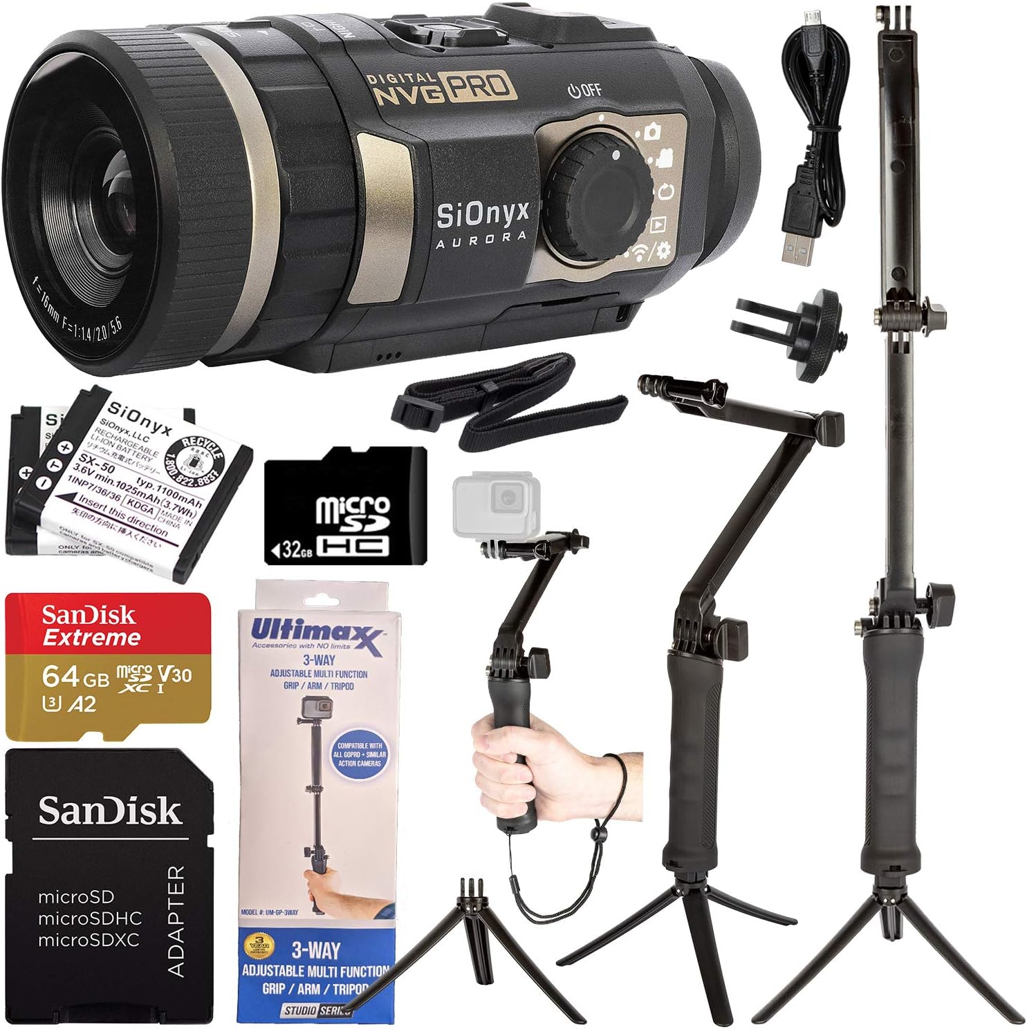 SiOnyx Aurora PRO Night Vision Sports & Action Camera Bundle - Includes: Manufacturer Accessories, SanDisk Extreme 64GB microSD Memory Card, Multi-Function Grip/Arm/Tripod/Selfie Stick & Mount Adapter