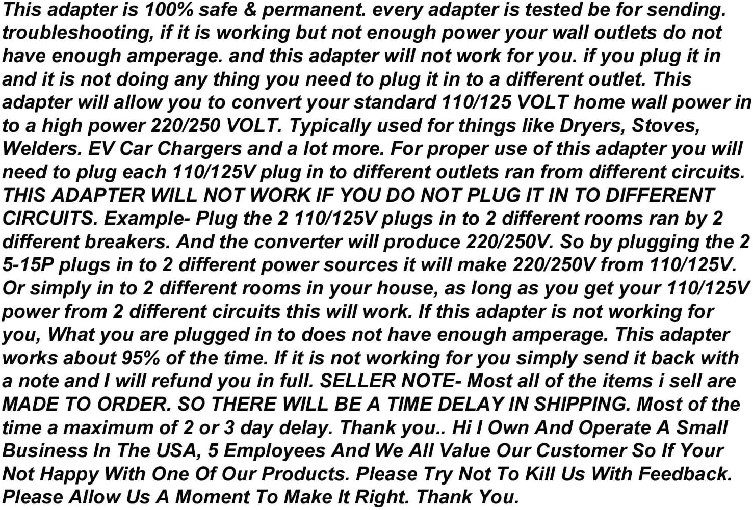 110/125V to 220/250V AC Power Adapter, Electric Converter, 6-20R Female Receptacle To 5-15P 3-Prong Male Plug. NEMA FX1189