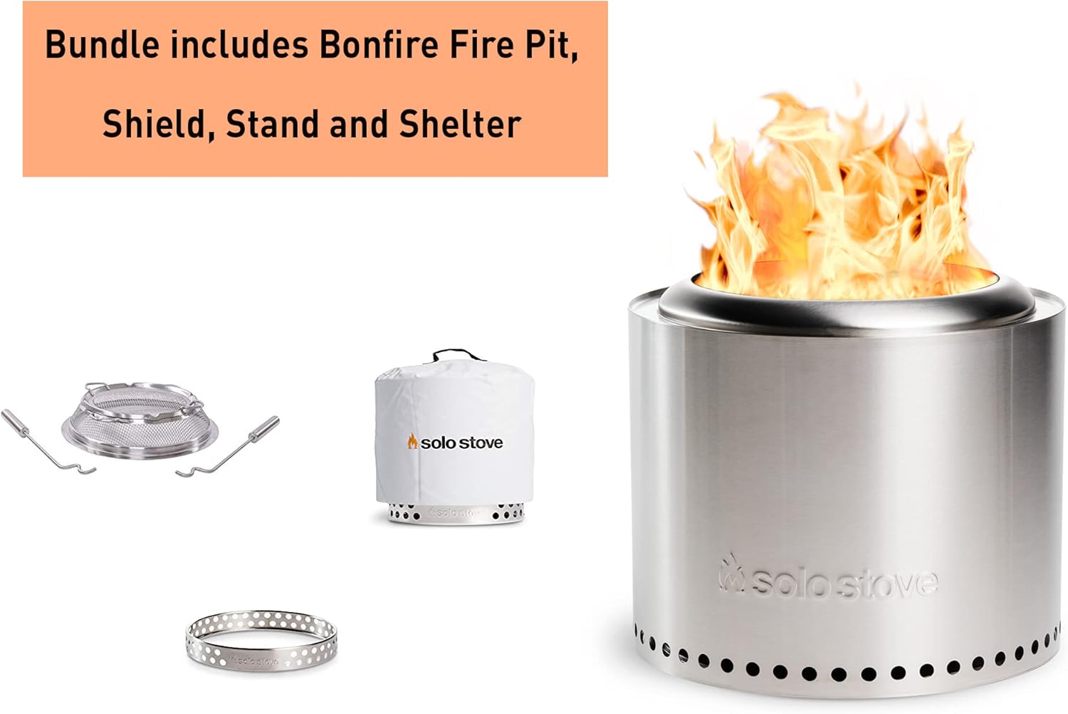 Solo Stove Bonfire Backyard Bundle Portable Fire Pit Stainless Steel for Wood Burning and Low Smokeless Fire Pit Camping Stove for S'Mores and Hot Dogs | 19.4x14 Inches with Camp Stove Accessories