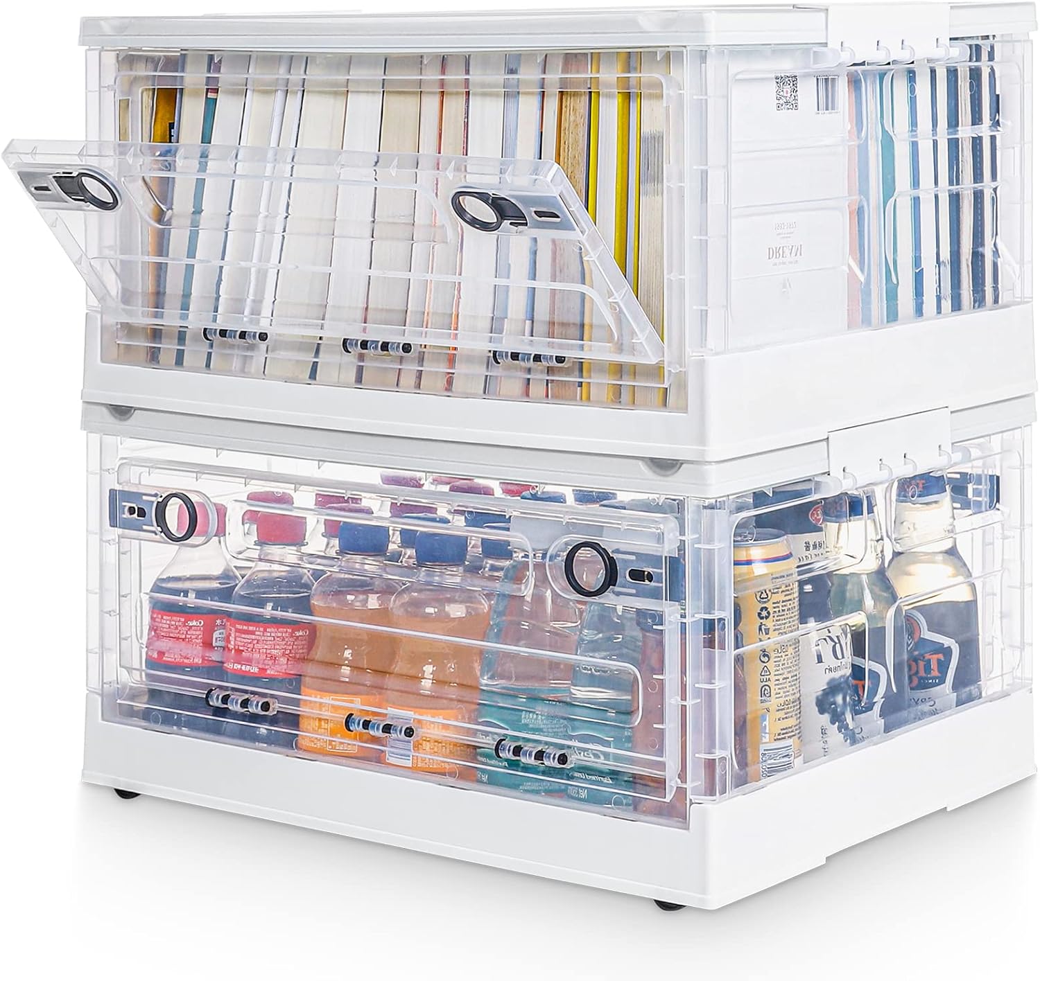 Homde 2 Pack Transparent Storage Bins With Wheels , Double Doors Plastic Foldable Box,Large Stackable Organizer Box Containers with Lids,2 Ways to Open for Living Room,Bedroom,Kitchen and Office Clear