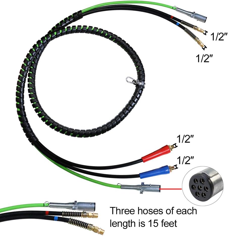 KOOTANS 15 Ft 3 in 1 Wrap Set, ABS Electrical and Rubber Air Line Hose Assemblies 7 Way Electrical Cable with Handle Grip for Semi Truck Trailer Tractor