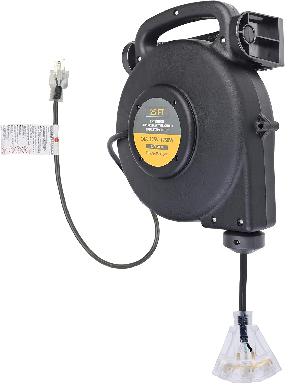 TerraBloom 25 Ft 12/3 Retractable Extension Cord Reel - 2 in 1 Mountable & Portable Power Cord Reel with 3 Electrical Outlets - SJTW Heavy Duty Black Case and Black Cable with Lighted Power Block