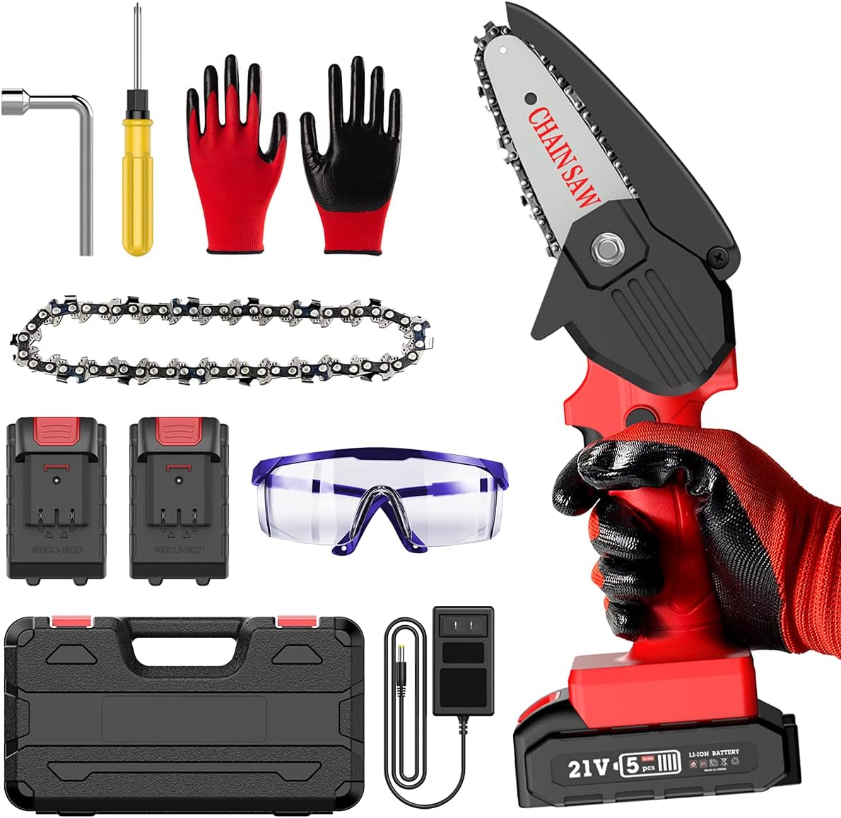 Mini Chainsaw, 4-Inch 21V Cordless Rechargeable Chain Saw Battery Powered Electric Saw for Tree Branch Wood Cutting (2 Batteries) Pack of 2