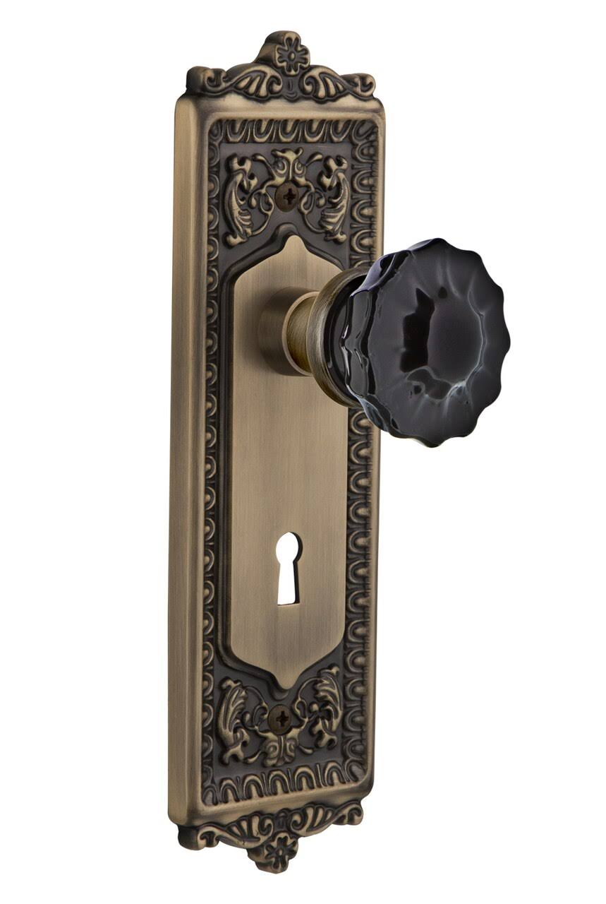 Nostalgic Warehouse - Single Dummy - Egg u0026 Dart Plate with Keyhole Crystal Black Glass Door Knob in Antique Brass - 726990