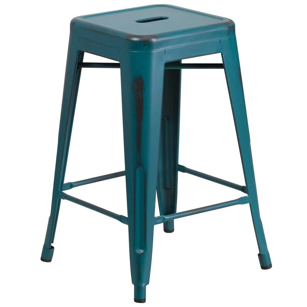 Alamont Commercial Grade 24x22 High Backless Distressed Kelly Blue-Teal Metal Indoor-Outdoor Counter Height Stool [ET-BT3503-24-