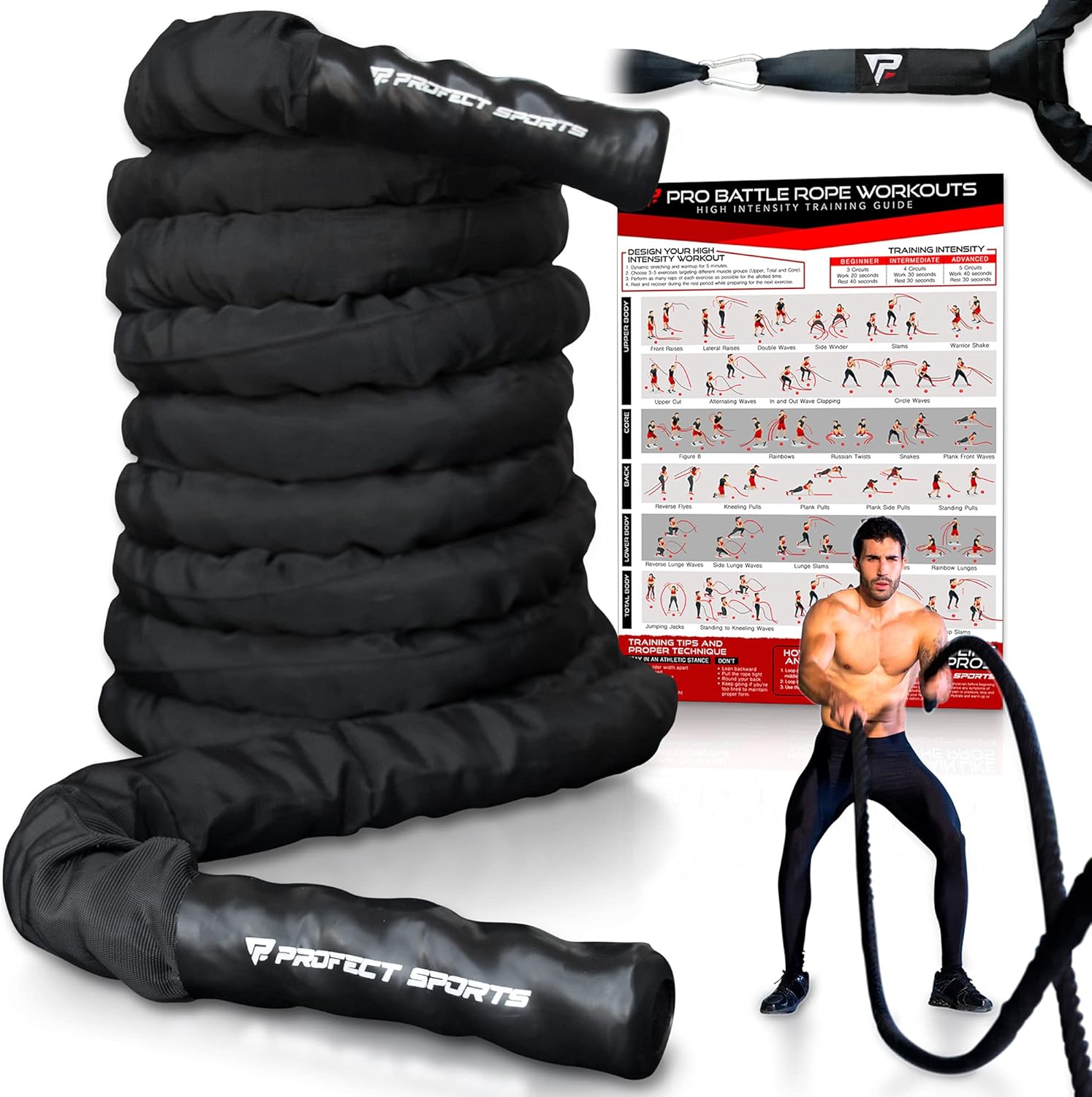 Pro Battle Ropes with Anchor Strap Kit and Exercise Poster &ndash; Upgraded Durable Protective Sleeve &ndash; 100% Poly Dacron Heavy Battle Rope for Strength Training, Cardio, CrossFit, Exercise Rope