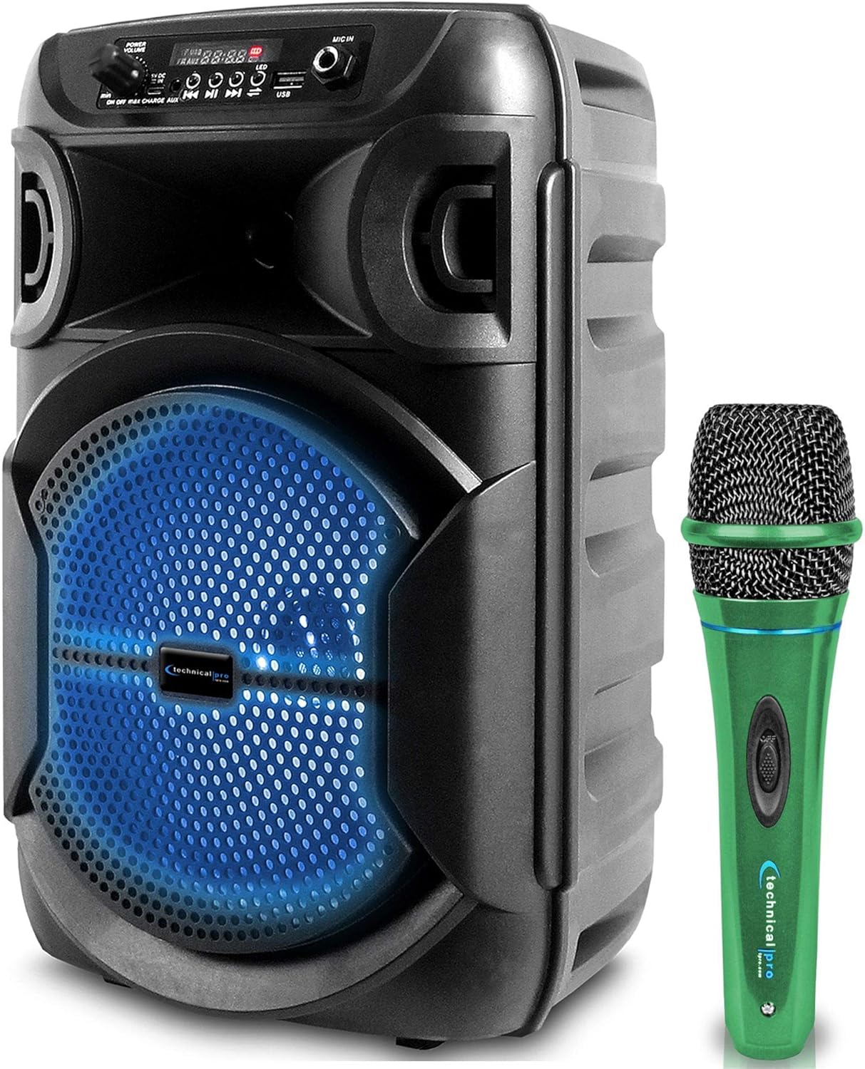 Technical Pro 8 Inch Portable 500 Watts Bluetooth Speaker w/Woofer & Tweeter and Portable Microphone w/Digital Processing, XLR to 1/4