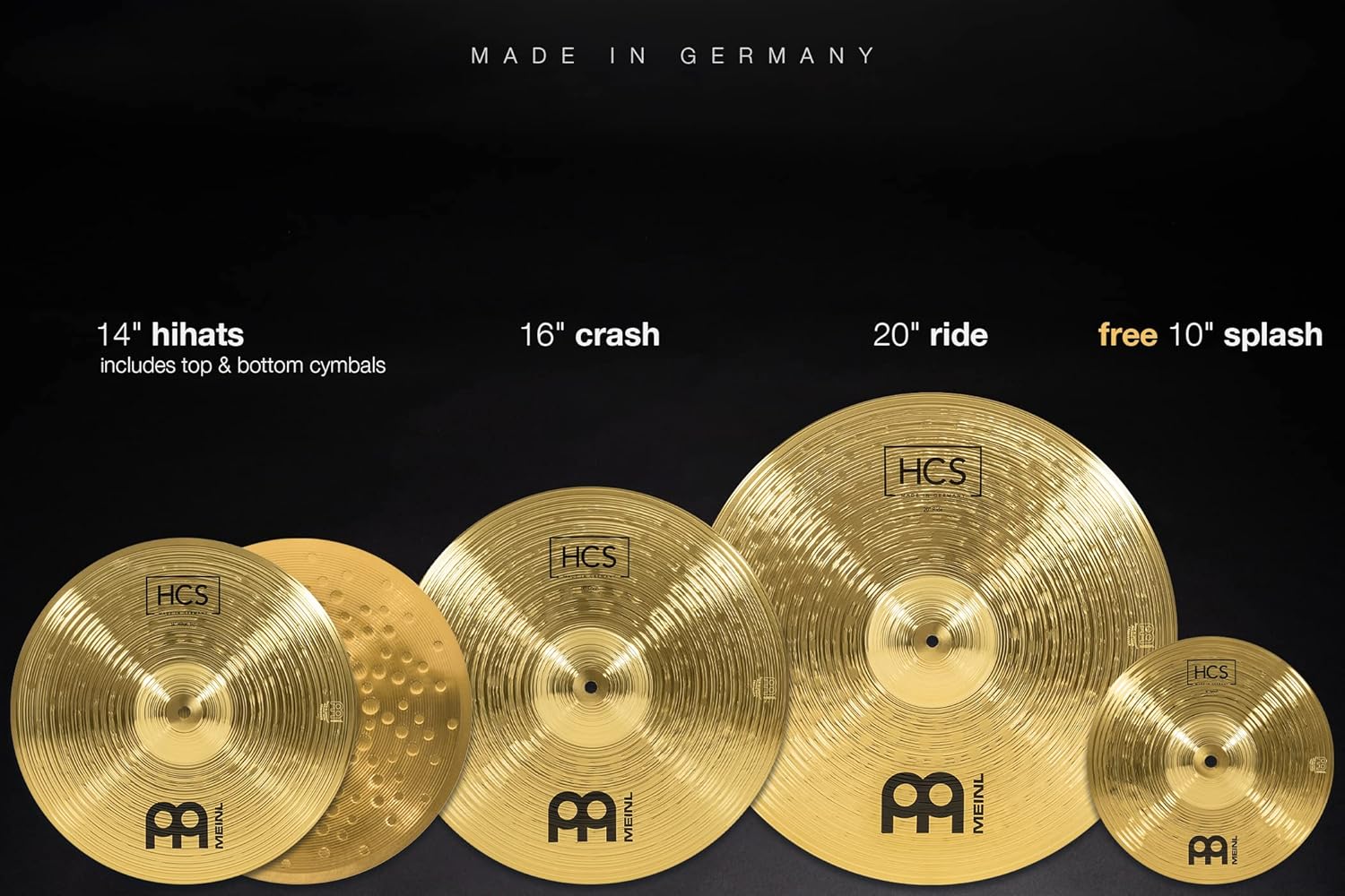 Meinl Cymbal Set Box Pack with 14&rdquo; Hihats, 20&rdquo; Ride, 16&rdquo; Crash, Plus a FREE 10&rdquo; Splash &ndash; HCS Traditional Finish Brass &ndash; Made In Germany, 2-YEAR WARRANTY (HCS141620+10)