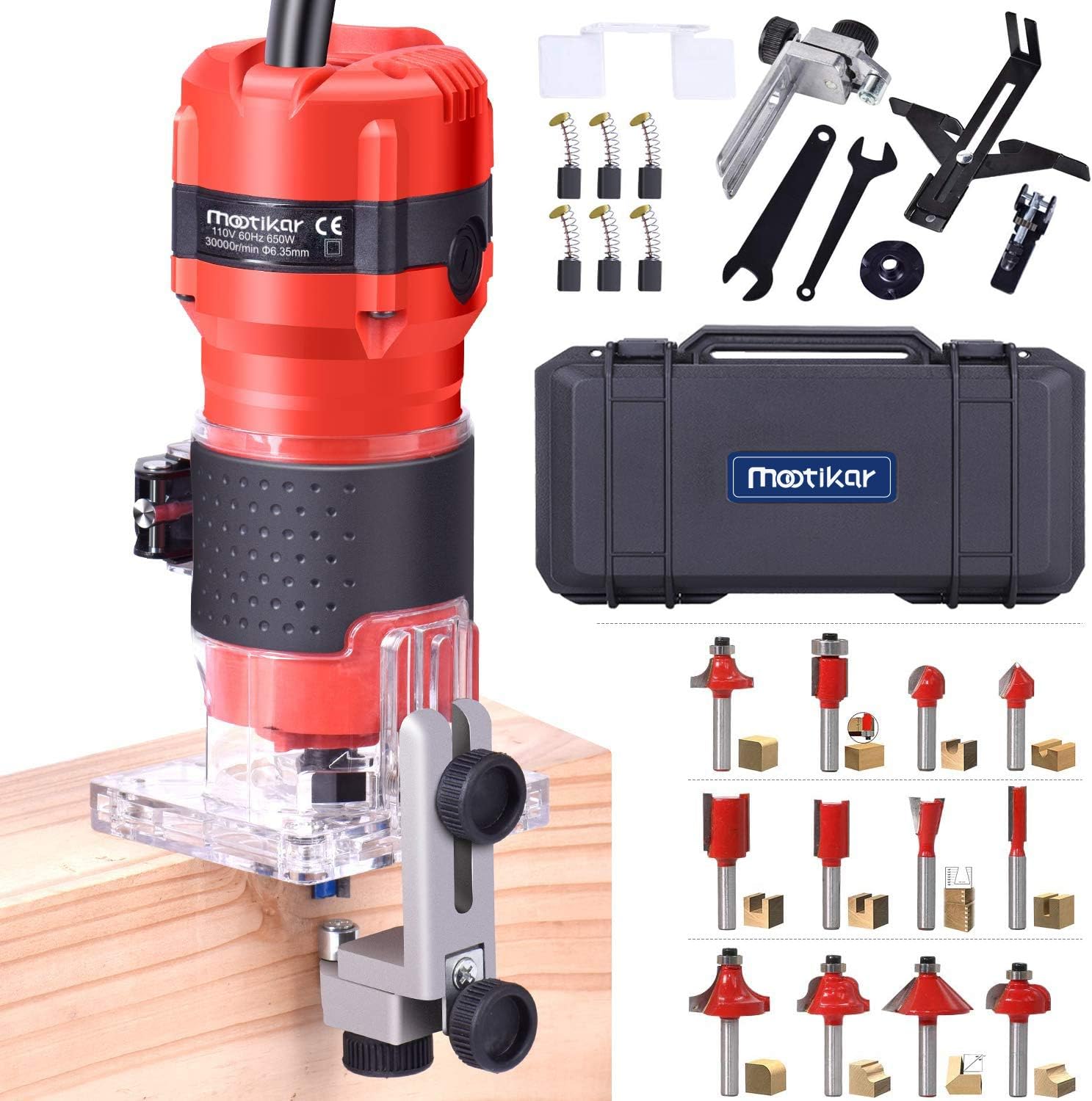 Mootikar Compact Wood Palm Router Tool Hand Trimmer Woodworking Joiner Cutting Palmming Tool 30000R/MIN 800W 110V with 12PCS 1/4