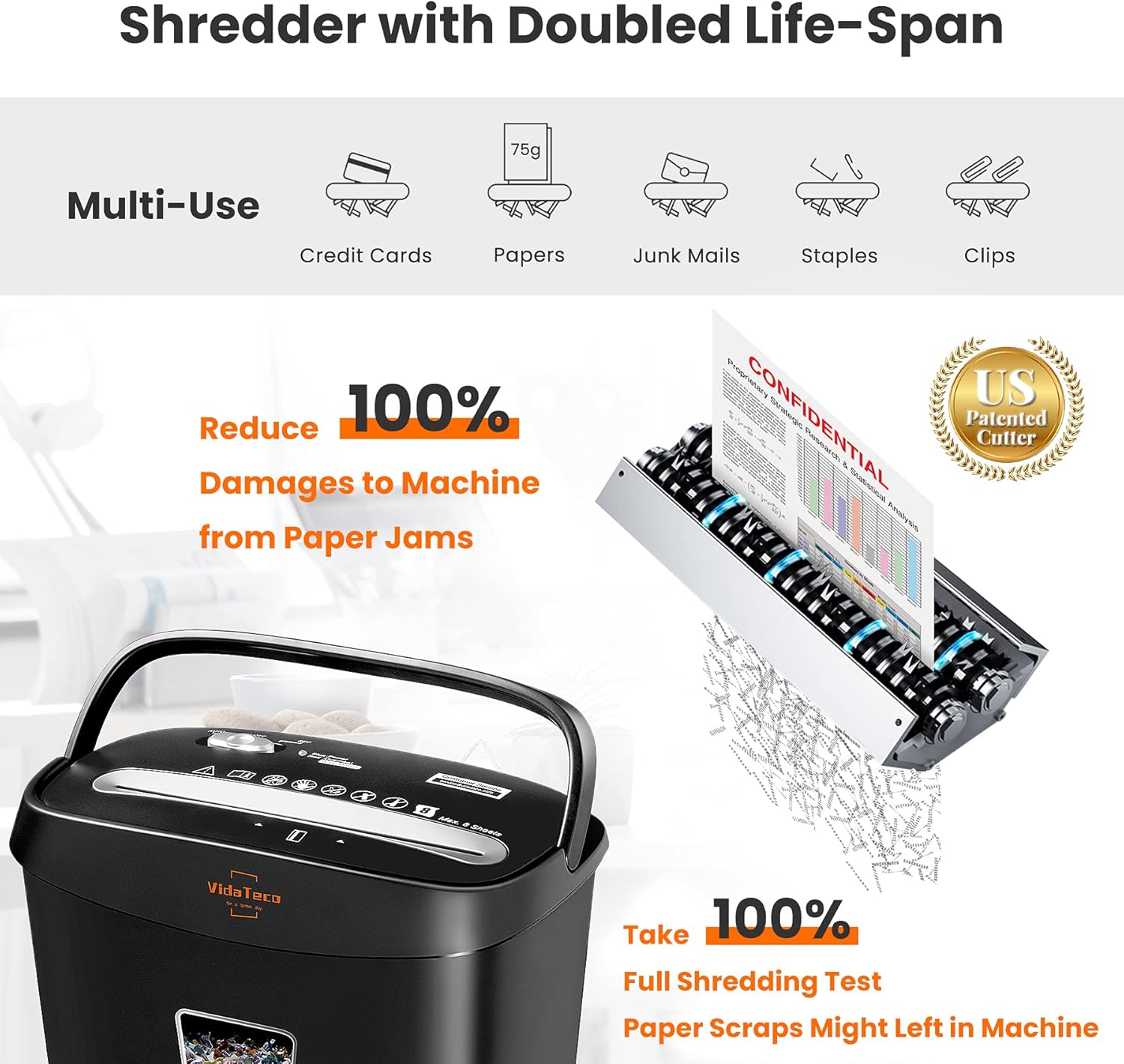 Paper Shredder,VidaTeco 8-Sheet Cross-Cut Shredder with US Patented Cutter,Also Shreds Card/Staple/Clip,Paper Shredder for Home Office,Durable&Fast with Jam Proof System,3.9-Gallon Basket (ETL) Pack of 2