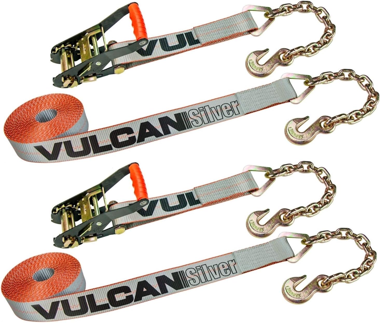 VULCAN Ratchet Strap with Chain Anchors - 2 Inch x 27 Foot - 2 Pack - Silver Series - 3,600 Pound Safe Working Load Pack of 2