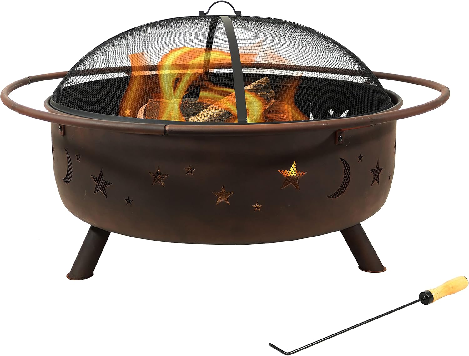Sunnydaze Cosmic Fire Pit for Outdoors - 42-Inch Large Wood-Burning Fire Pit with Moon and Stars - Perfect for Patio and Backyard Bonfires - Includes Round Spark Screen, Poker and Metal Grate
