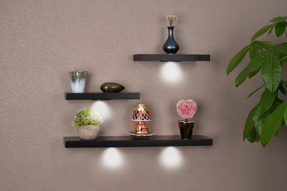 SkyMall Versatile Wood Floating Wall Shelves with LED Lights - Black (Set of 3) Pack of 2