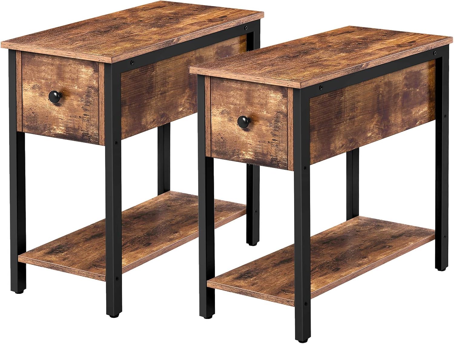 HOOBRO Set of 2 Narrow End Table, 2-Tier Nightstand with Drawer and Shelf, Side Table for Small Spaces, Stable and Sturdy, Wood Look Accent Table in Bedroom, Rustic Brown and Black BF04BZP201