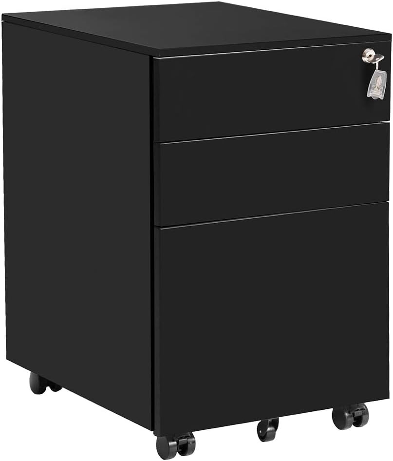 Mobile File Cabinet, Rockjame 3 Drawers Metal Lockable Filing Cabinet for Commercial Grade Office Legal and Letter File (Black)