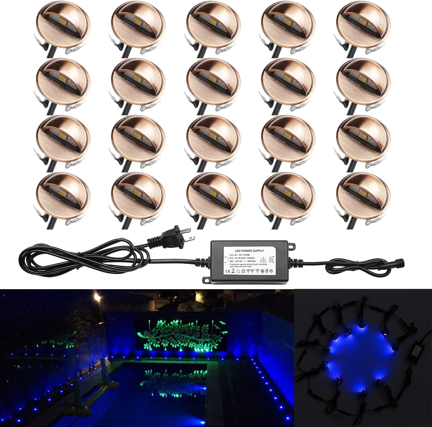 QACA 20 Pack LED Stair Lights Kit Low Voltage Landscape Lights Waterproof IP65 Outdoor 1-2/5