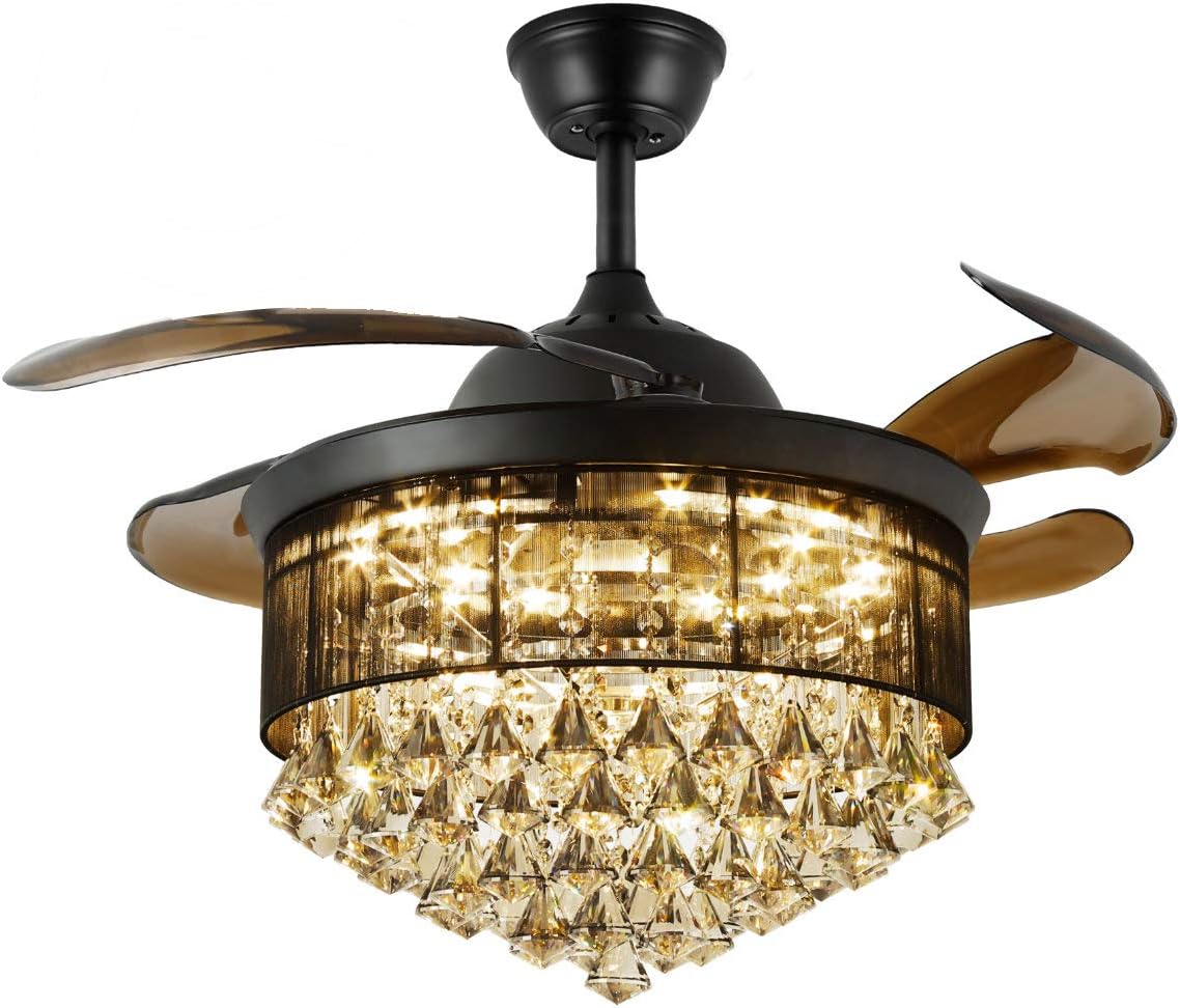 42 Inch Crystal Ceiling Fan with Light and Remote Dimmable 500-6500K Retractable Ceiling Fan 6 Speeds Set Chandelier Ceiling Fan with Light Invisible Blades Silent Ceiling Fan (Black)