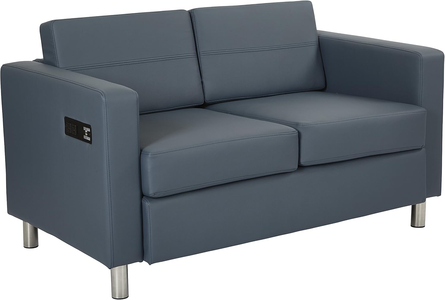 Office Star Atlantic Loveseat with Silver Finish Legs and Dual Charging Station, Black Dillon Fabric