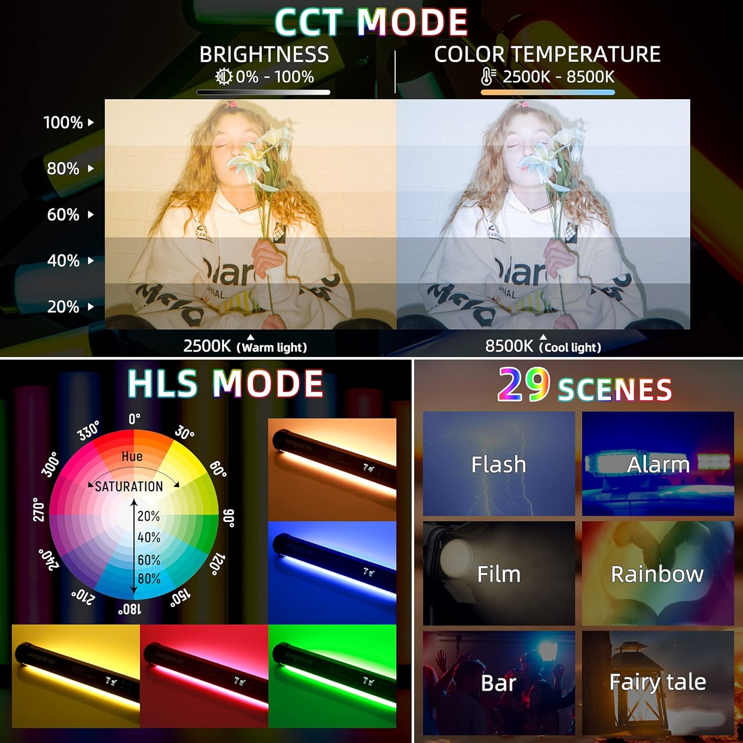 RGB Handheld Light Wand, RGB LED Video Light Stick 360° Full Color 2500-8500K Built-in Rechargeable Battery & Magnet, App Control Photography Lights Stick for Portrait Lighting Video Recording TikTok Pack of 2