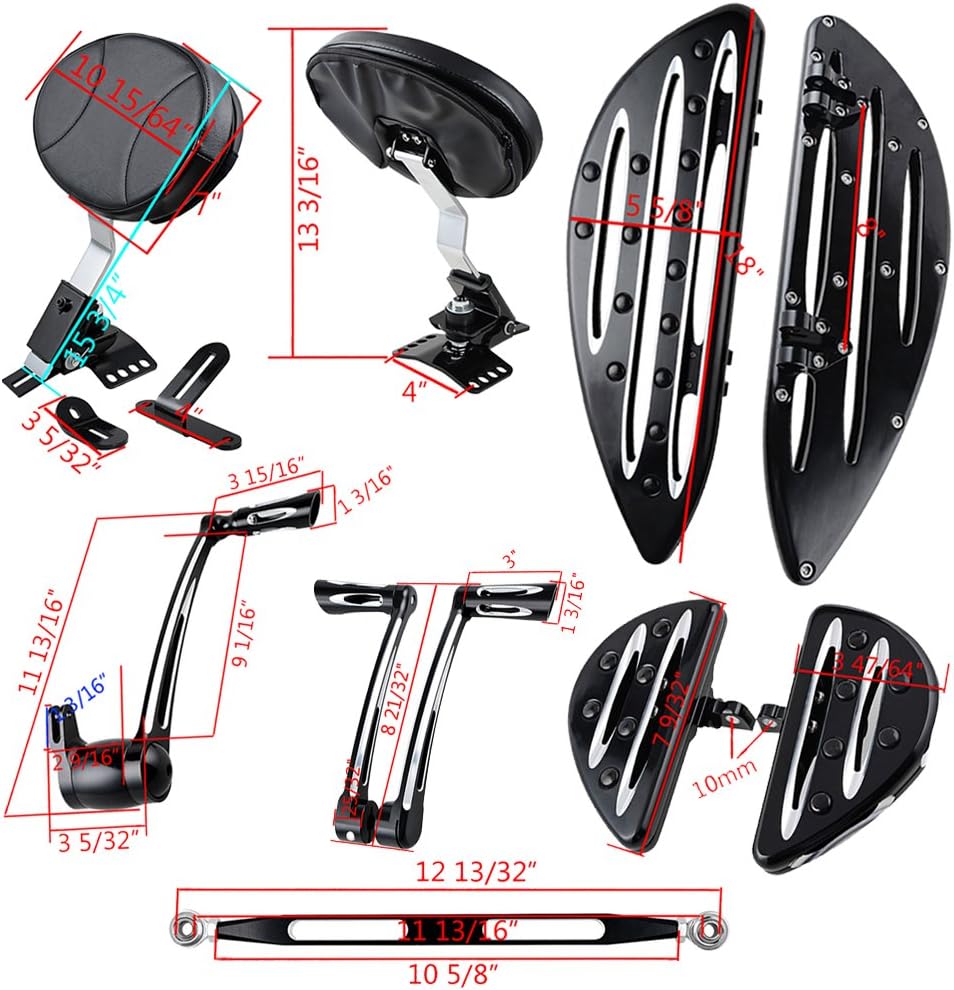 Adjustable Rider Backrest + Front & Rear Floorboards + Brake Arm Peg Pedal + Toe Heel Shift Lever Shifter Pegs + Shift Lever Linkage Compatible with 2014-2016 Harley Touring FLH FLT
