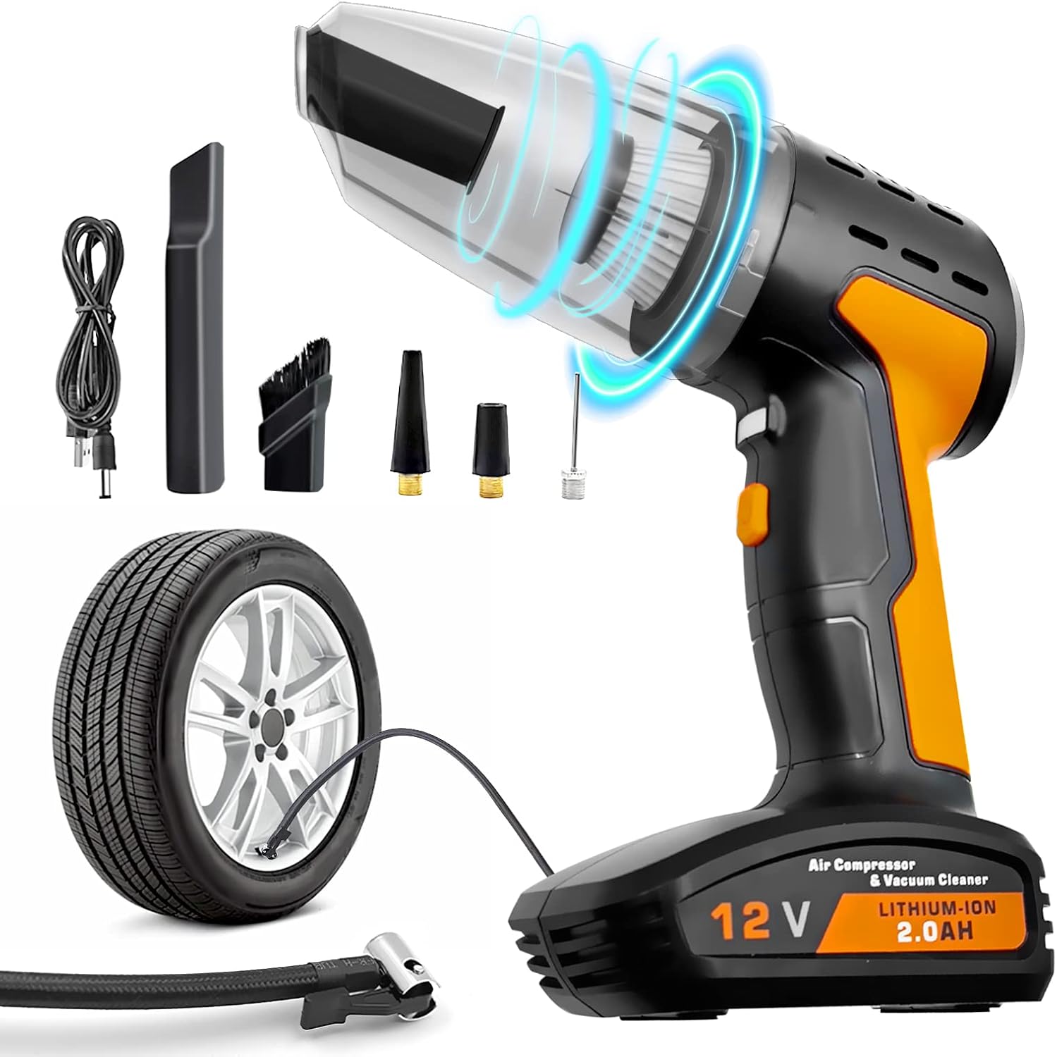 Portable Car Vacuum Cleaner Tire Inflator, Tire Pressure Gauge Inflator Car Vacuum Tire Inflator Air Compressor Pump 4-in-1